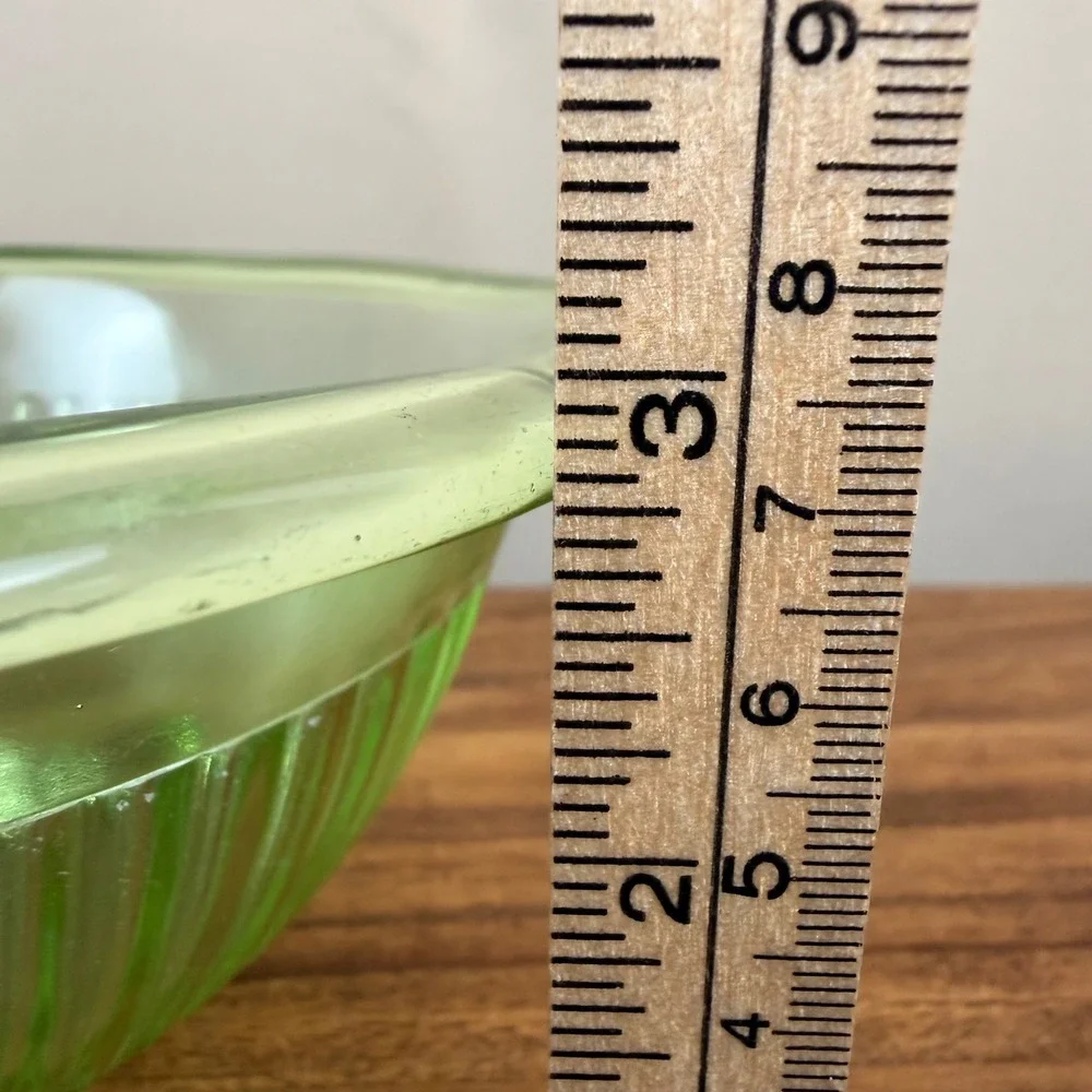 Federal Glass Diana Uranium Glass Bowl Green Ribbed Depression Glass 7 inch